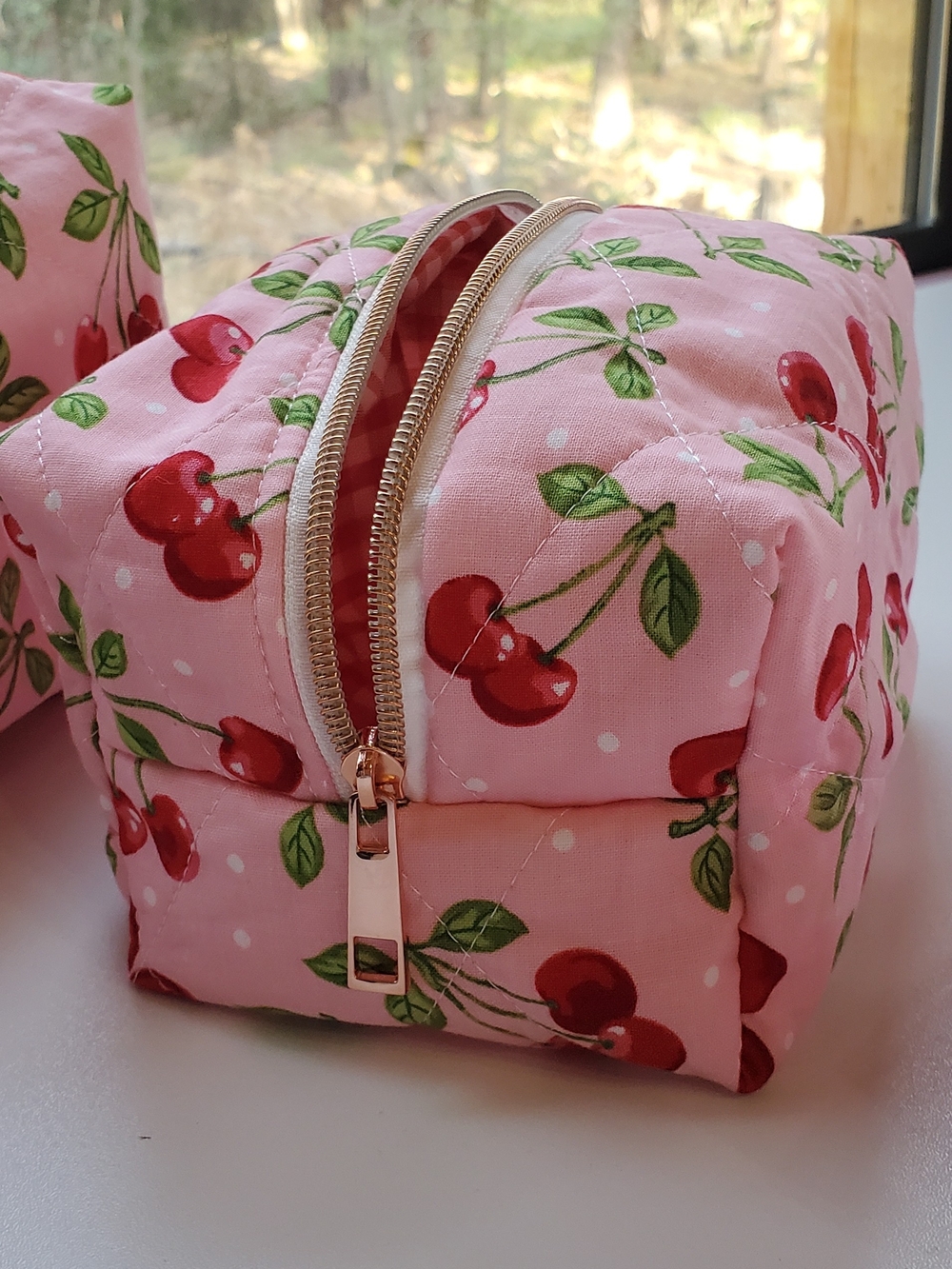 Pink Cherry Quilted Boxy Makeup Bag